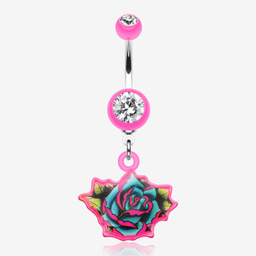Retro Tattooed Rose Belly Button Ring-Pink